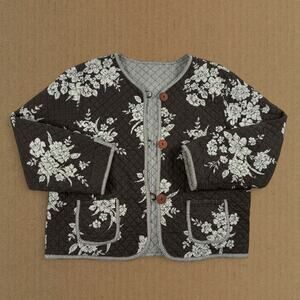 Vintage Quilt Floral Striped Reversible Brown Gray Jacket Fits like Short Large